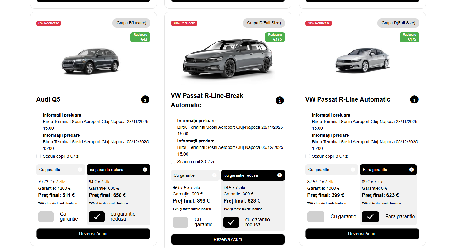 Captura aplicatiei de rezervari online pentru rent a car